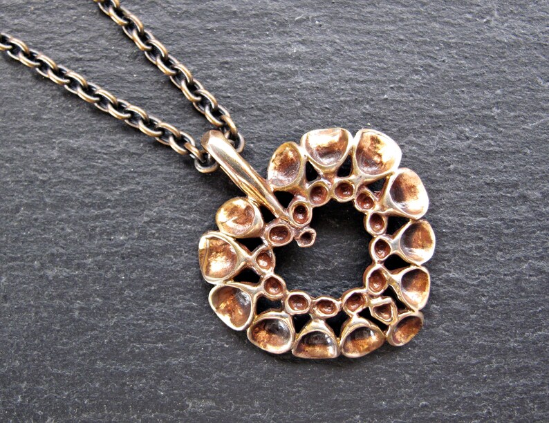 May include: A bronze pendant necklace with a circular design featuring a series of interconnected, rounded shapes. The pendant has a textured, organic look.