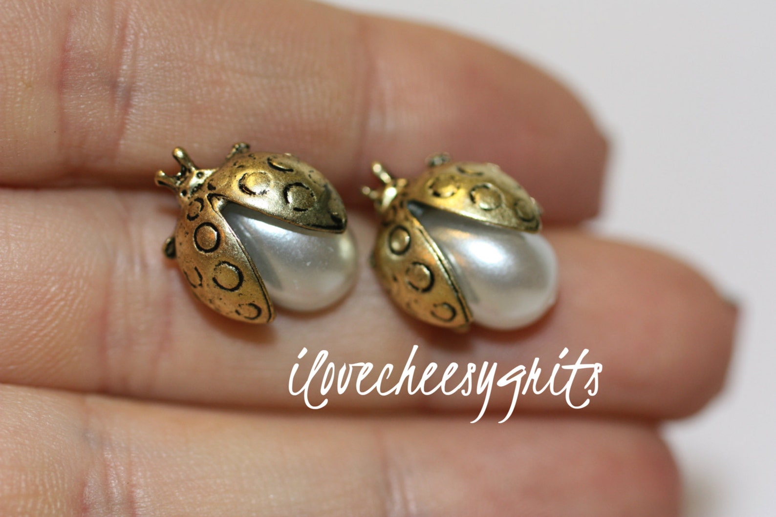 LADYBUG Earrings Gold Ladybug With Pearls Studs Bridesmaid Etsy