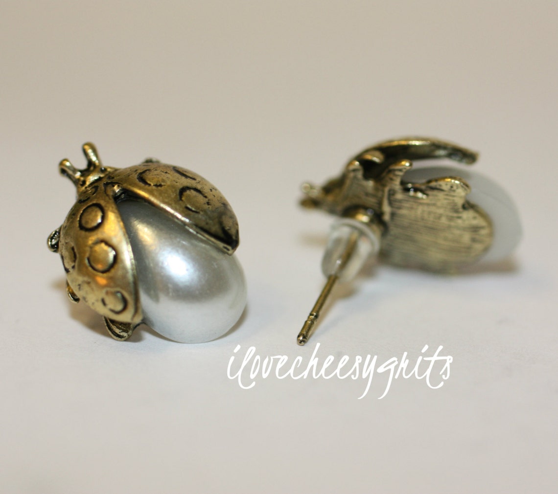 LADYBUG Earrings Gold Ladybug With Pearls Studs Bridesmaid Etsy