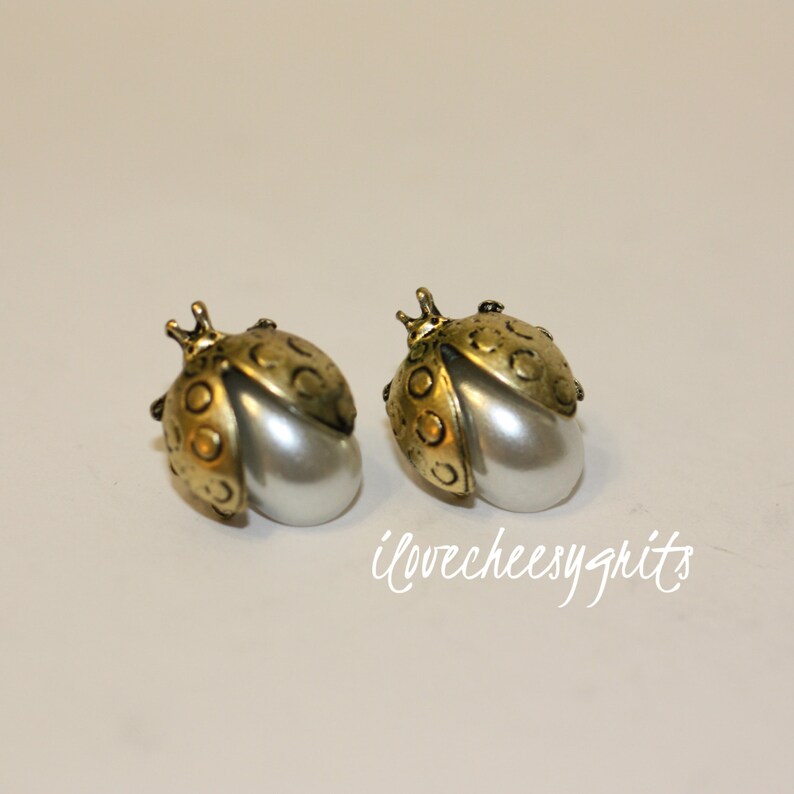 LADYBUG Earrings Gold Ladybug With Pearls Studs Bridesmaid Etsy