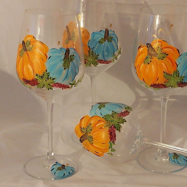 Hand painted autumn orange and teal pumpkin goblets. Set of 4 white wines. Usa