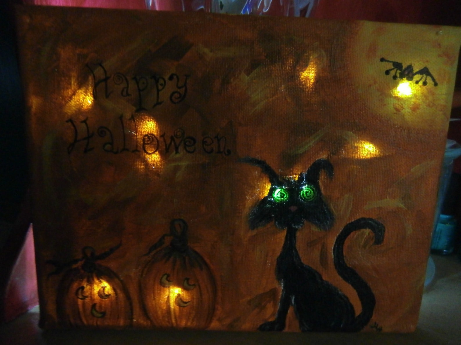 Hand Painted 8 X 10 Lighted Canvas. Halloween Cat and Pumpkin. Etsy