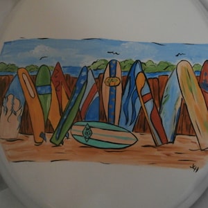 Hand painted surf boards and beach. elongated white toilet seat painted on both sides. Sealed. washable. USA