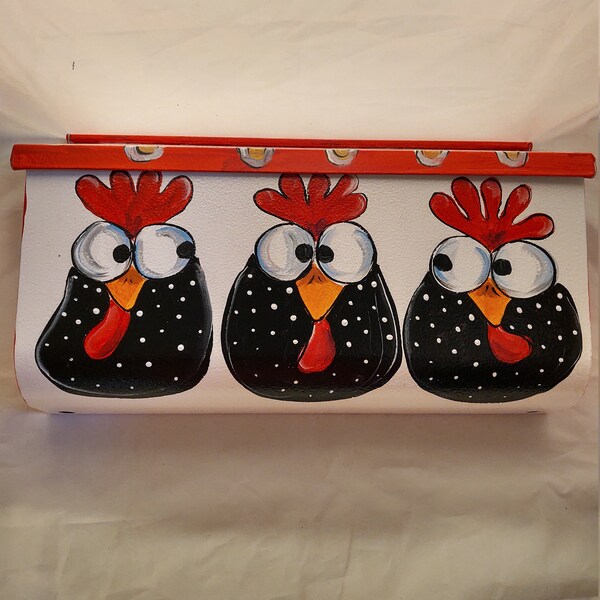 Hand painted wall mount  mailbox. Painted in silly trio of chickens.  Sealed and uv protected