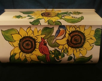 Hand painted walll mount  mailbox. Painted in sunflowers and birds.  Sealed and uv protected