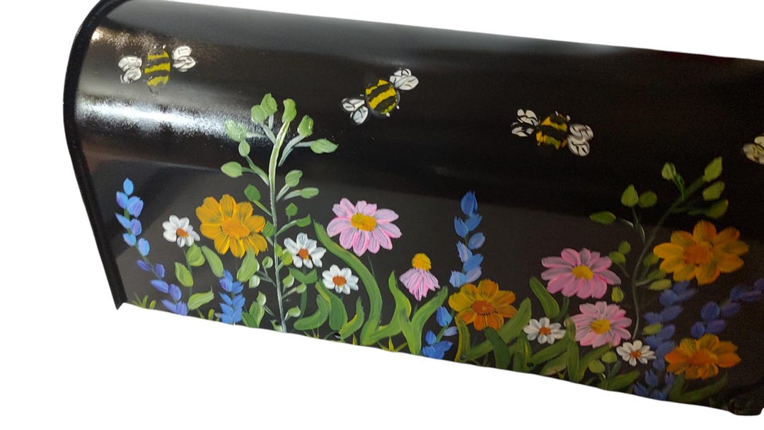 Hand Painted Mailbox: Pretty wild flowers and bees on a black box. standard (medium) size