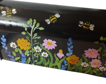 Hand Painted Mailbox: Pretty wild flowers and bees on a black box. standard (medium) size