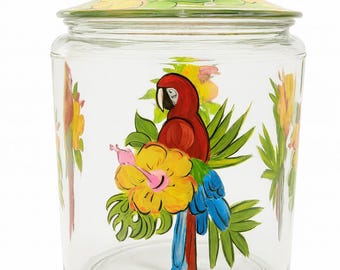 Hand Painted Winter Owl Jar: Parrot Hibiscus Design. One gallon