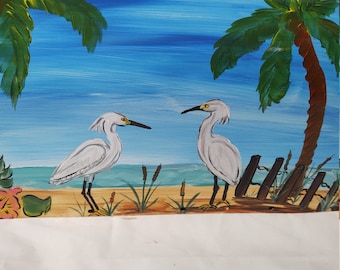 Hand-Painted Beach Mailbox: White Herons & Hibiscus