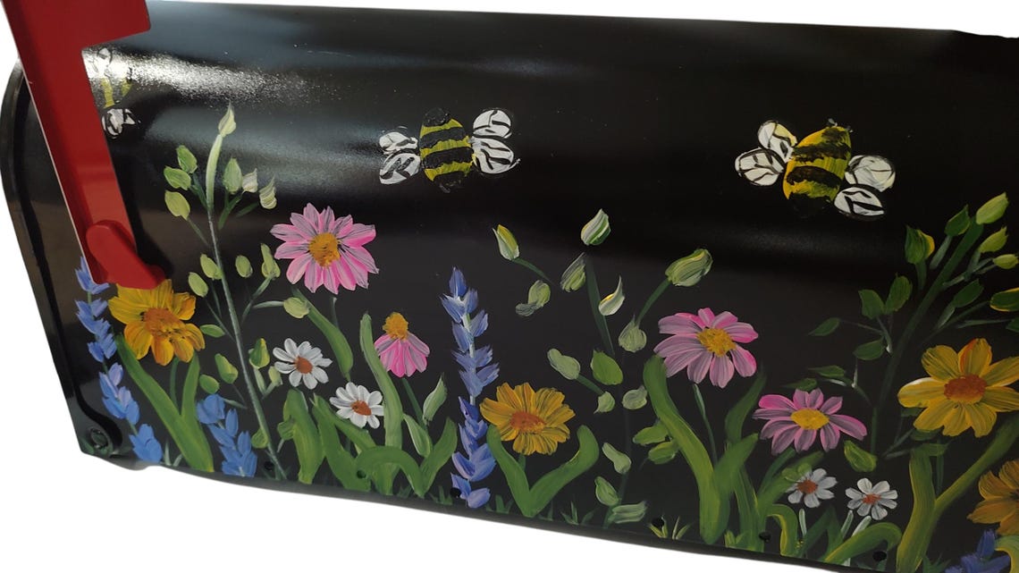 Wild Mailboxes Hand Painted Mailbox: Pretty Wild Flowers and Bees on a Black Box ...