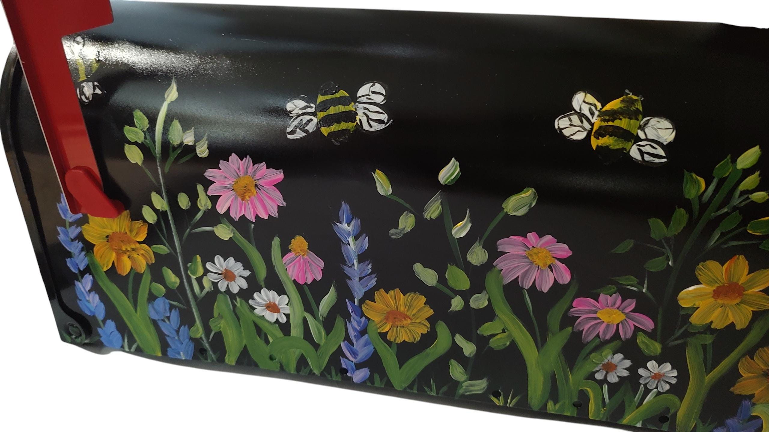 Wild Mailboxes Hand Painted Mailbox: Pretty Wild Flowers and Bees on a Black Box ...