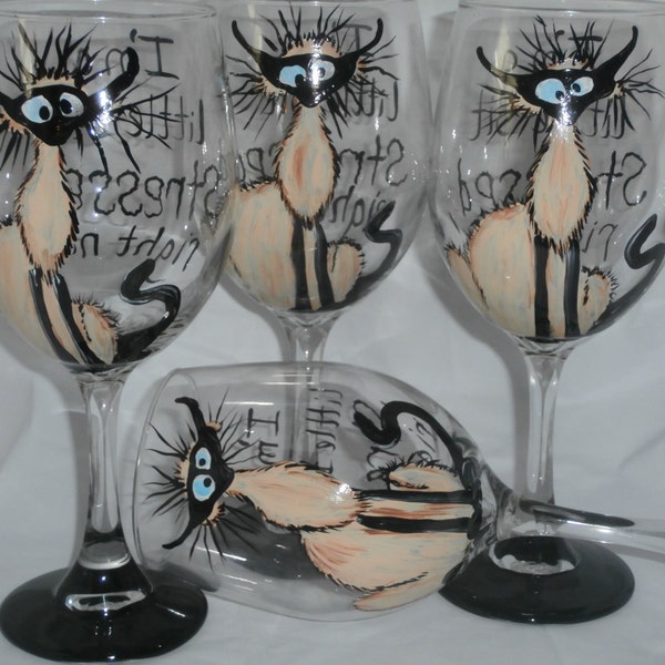 Hand painted "I'm a little stressed right now" siamese kitty 19 ounce goblets. Set of 4. Usa