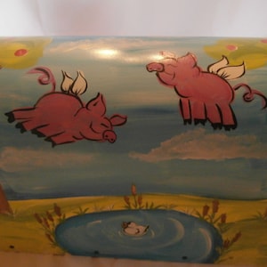 Hand painted standard mailbox. Painted in fun flying pigs over a pond amongst the apple trees,  Sealed and uv protected