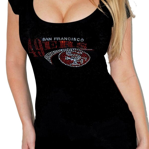 SEXY black san francisco 49ers rhinestone bling glam stretchy Tshirt top