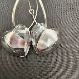 May include: A pair of silver hoop earrings with clear heart-shaped pendants containing a seashell. The seashells are a light brown and white color.