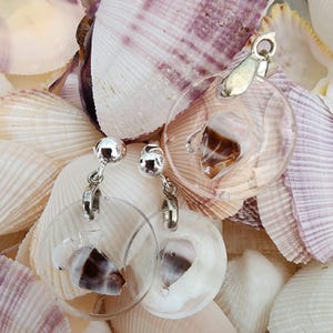 May include: A pair of silver earrings with clear round pendants featuring a seashell inside. The earrings are displayed on a bed of seashells.