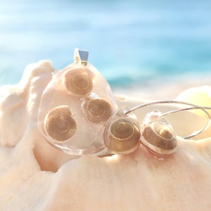 May include: A set of clear resin earrings and a pendant featuring small seashells. The earrings are hoop style and the pendant has a silver bail.