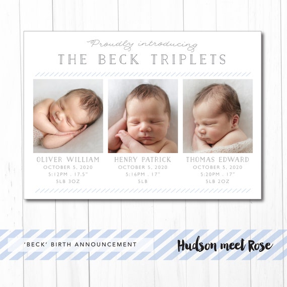 Printable - The 'Beck' Classic Birth Announcement | Baby Thank You Card | Triplets | Multiples | Twins Il_570xn
