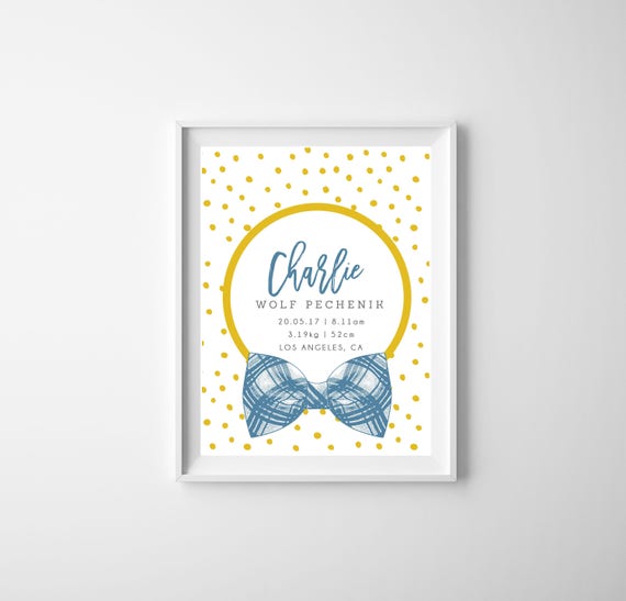 Printable - The 'Charlie' Bowtie Birth Announcement Poster | Gift | Nursery Art | Wall Art | Mustard Il_570xn
