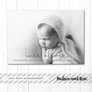 Imprimible: anuncio de nacimiento clásico de 'Inés', tarjeta de agradecimiento para bebé, foto y tarjeta para recién nacido
