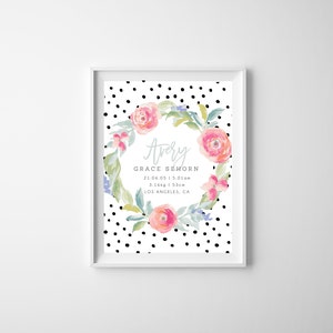 Printable - The 'Avery' Wreath Floral Birth Announcement Poster | Gift | Nursery Art | Wall Art