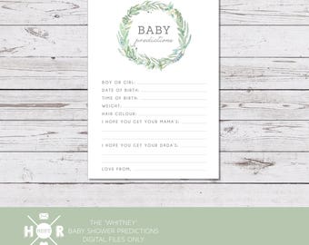 Printable - The 'Whitney' Baby Shower Predictions Card | Gender Neutral | Joint Party | Leaf Wreath | Rustic | Boho | Games