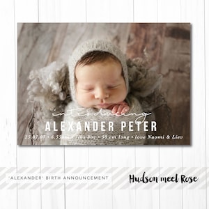 Imprimible - El anuncio de nacimiento de 'Alexander' / Nacimiento del bebé / Gracias / Clásico / Foto / Recién nacido / Postal / Guión