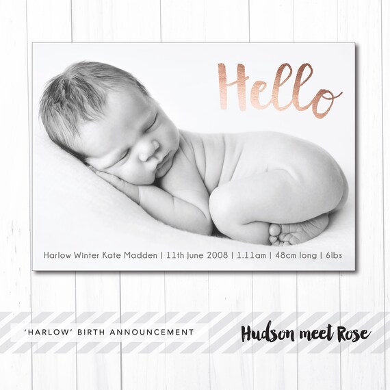 Printable - The 'Harlow' Birth Announcement | Baby Birth | Thank You | Classic | Adoption | Newborn | Thank you postcard | Gold foil Il_570xn