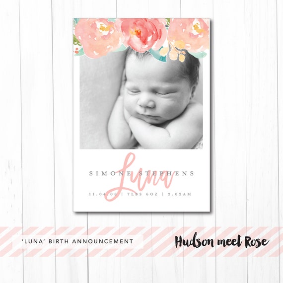 Printable - The 'Luna' Birth Announcement | Baby Birth | Thank You | Watercolor | Floral | Girl | Pretty | Pregnancy | Newborn Il_570xn