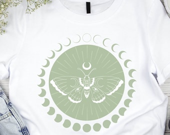 Sage Green Moon Moth Lunar Phase t-shirt, Celestial Moon Phase shirt, Magical Moth T-shirt, Mystical Goddess, Witchy gift, Full Moon Tee