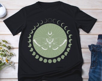 Navy Blue Moon Moth Lunar Phase t-shirt, Celestial Moon Phase shirt, Magical Moth T-shirt, Mystical Goddess, Witchy gift, Full Moon shirt