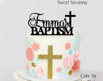 Custom Baptism Cake Topper MADE IN AUSTRALIA - With Cross- 5in