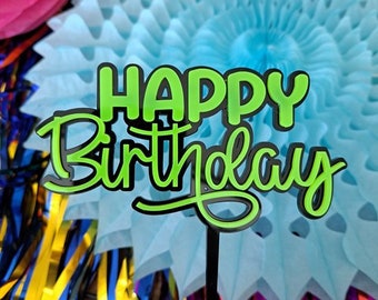 Happy Birthday - Cake topper . Black and fluro green