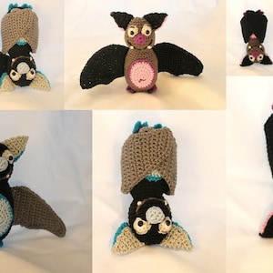 May include: A collection of crocheted bat toys in various colours and poses. Some bats are hanging upside down, while others are standing upright. The bats have different coloured eyes and mouths.