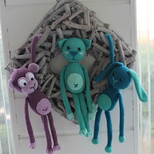 Dangling animals monkey, cat and rabbit crochet pattern