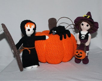 Halloween set, witch, death, spider and pumpkin, crochet in english