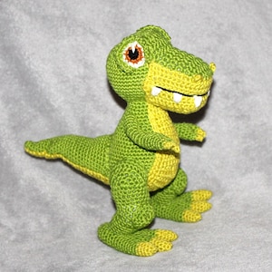 May include: Green and yellow crocheted dinosaur toy with white teeth and orange eyes.