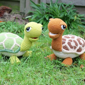 Könnte beinhalten: Zwei gehäkelte Schildkrötenspielzeuge, eine grüne und eine braune, sitzen auf einem Bett aus grünem Gras. Die Schildkröten haben lächelnde Gesichter und große Augen.