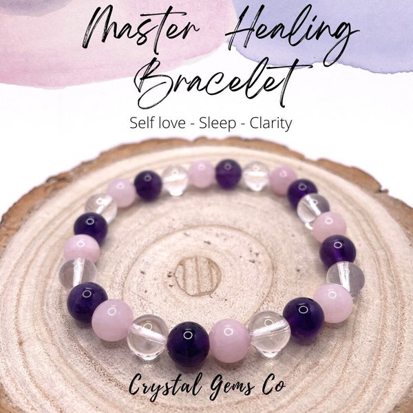 Master healing Bracelet Amethyst, Rose Quartz and Clear Quartz Gemstone Beads 8mm