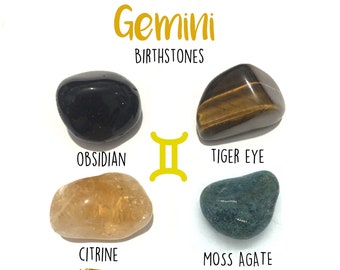 Gemini Birthstone Gemstone Kit (21 de mayo - 20 de junio) 4 Piedras Caídas con Tarjeta de Información y Bolsa de Terciopelo