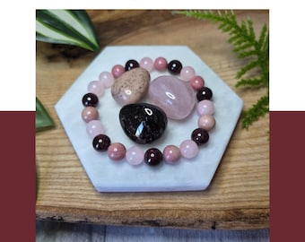 Love Rebalanced Bracelet & Tumbled Stone Set – Rhodonite, Garnet and Rose Quartz – Heart Healing Jewellery