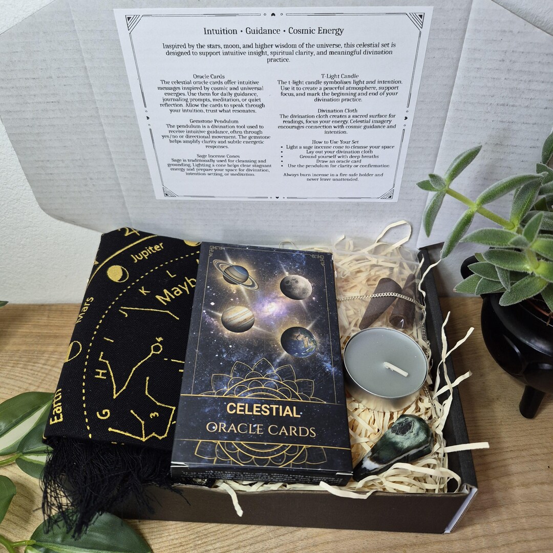 Celestial Oracle Divination Set | Oracle Cards, Gemstone Pendulum, Sage ...