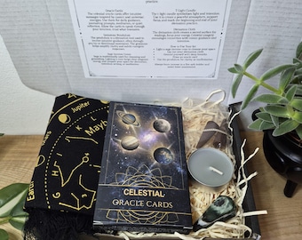 Celestial Oracle Divination Set | Orakelkort, Ädelstenspendel, Salviarökelse, Spådomsduk och T-ljus | Andlig vägledningsgåva