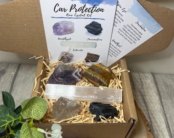 Car crystal kit raw natural rough gemstones gift set with information sheet
