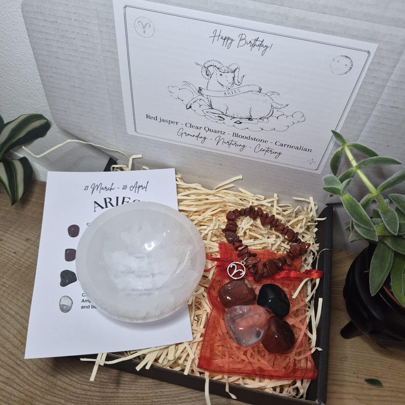 Zodiac Birthstone Gemstone Kit, Crystal Gift Set, Birthstone Bracelet with Tumbled Stones & Selenite Bowl, Astrology Self Care Kit. image 9