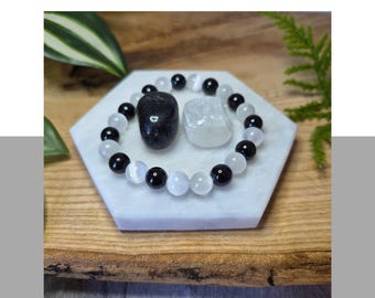 Grounding & Cleansing Bracelet and Tumbled Stone Set – Tourmaline and Selenite – Protection and Energy Healing Jewellery