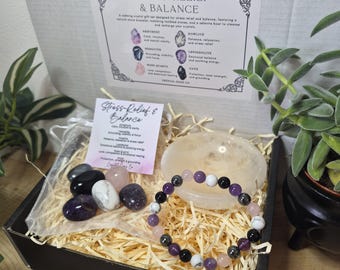 Stress Relief & Balance Crystal Bracelet Gift Box with Selenite Bowl