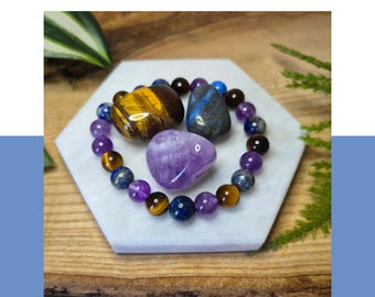 Confidence & Insight Bracelet and Tumbled Stone Set – Amethyst, Tiger’s Eye and Lapis Lazuli – Focus and Empowerment Jewellery