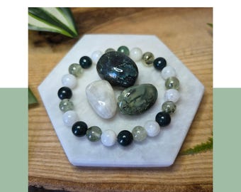 Green Witch Bracelet & Tumbled Stone Set – Moss Agate, Rainbow Moonstone and Prehnite