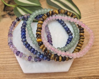 Gemstone Disc Bead Bracelet – Fluorite, Rose Quartz, Aventurine, Tigers Eye or Lapis Lazuli – Beaded Bracelet